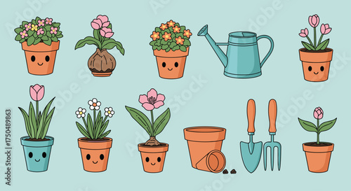 Cute potted plants and gardening tools collection.