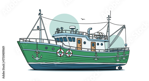 A green fishing trawler sails on the water.