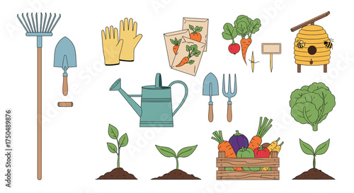 Gardening tools and fresh produce for a healthy lifestyle.