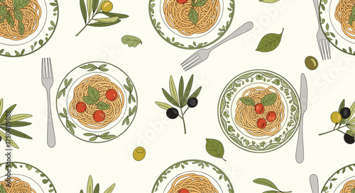 A seamless pattern of delicious pasta dishes and fresh ingredients.