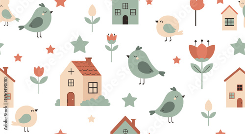 A charming village with cute birds and flowers.