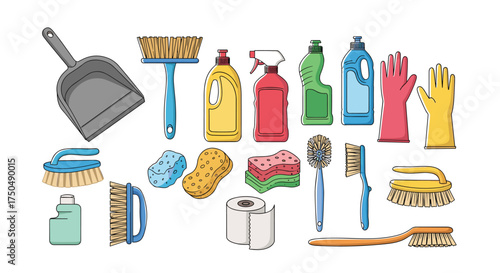 A collection of various cleaning supplies and tools for household chores.