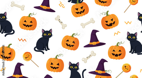 A fun Halloween pattern featuring pumpkins and black cats.