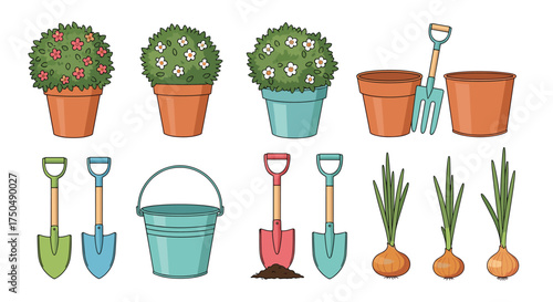 A collection of garden supplies for planting and harvesting vegetables.