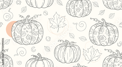 Autumn harvest pumpkins and leaves in a delicate pattern.