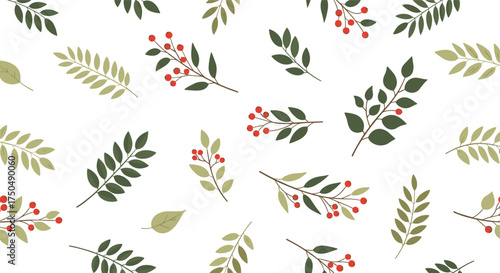 A delicate repeating pattern of autumnal foliage and berries adorning a white background.