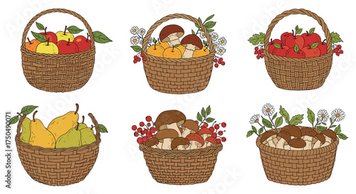 Wicker baskets filled with ripe seasonal fruits and wild mushrooms for autumn harvest celebrations.