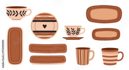 A collection of cozy cafe elements in warm earthy tones.