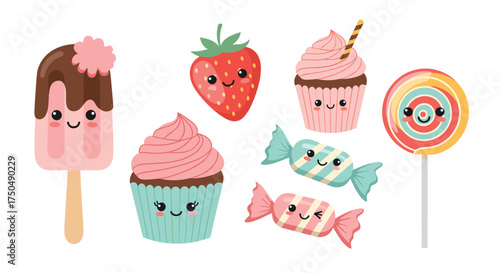 Cute sweet treats collection with happy faces.