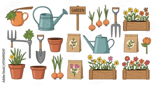 A delightful collection of gardening tools and plants.