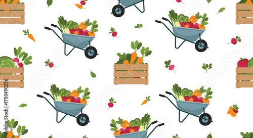 Freshly harvested garden vegetables in wheelbarrows and wooden crates.