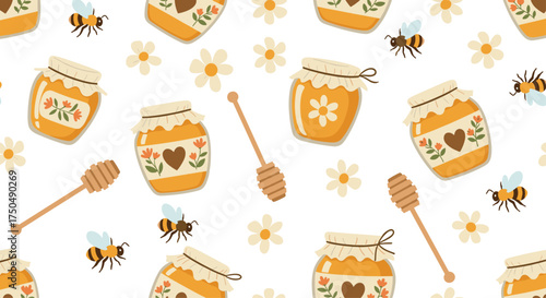 Sweet honey jars with bees and flowers pattern.