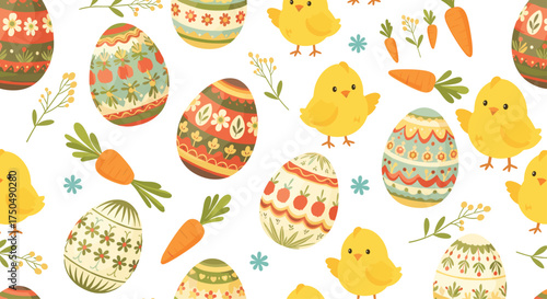 Cute easter chicks painted eggs and carrots seamless pattern.