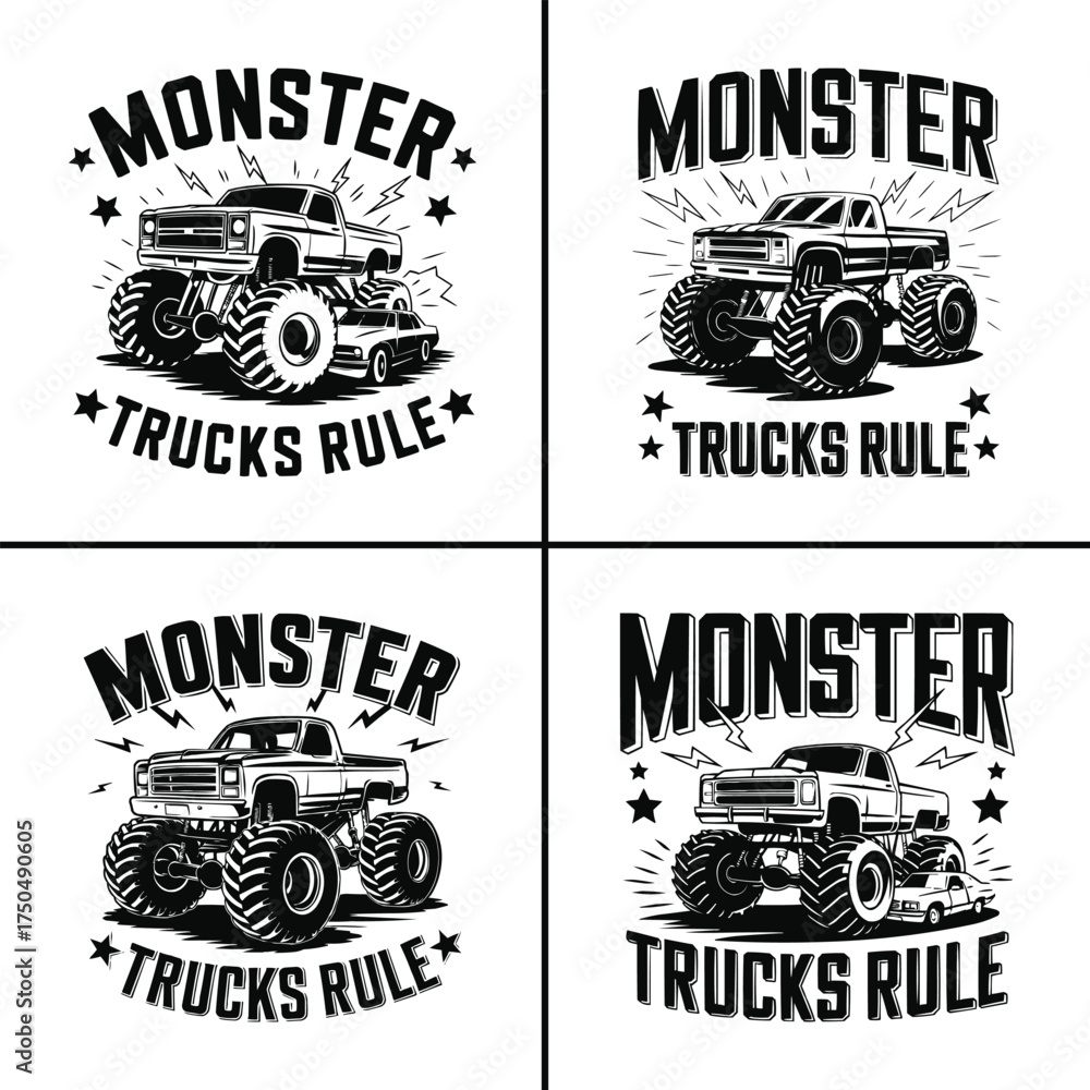 Obraz premium Monster truck illustration crushing car, bold offroad vehicle graphic with typography, retro motorsport t shirt design