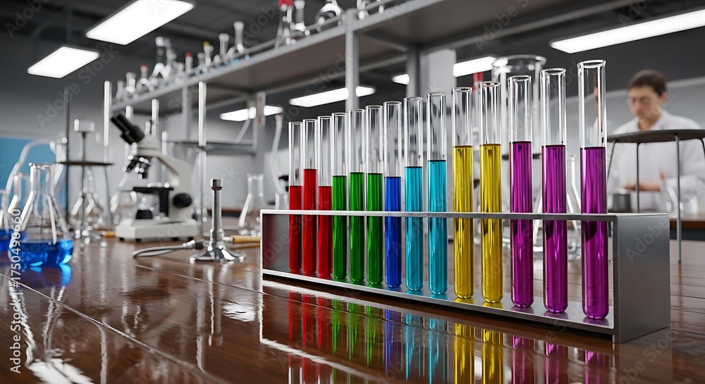 Obraz premium Laboratory Experiment - Colorful Solutions in Test Tubes for Scientific Research.