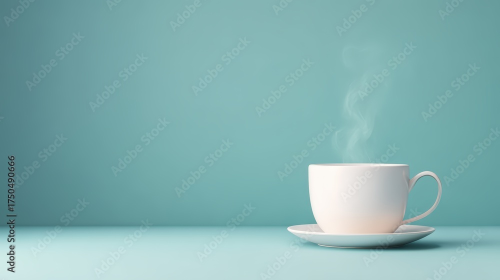 Obraz premium A steaming white cup of coffee or tea on a minimalistic, pastel blue background, creating a calming and inviting atmosphere.