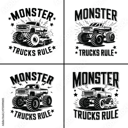 Monster truck illustration crushing car, bold offroad vehicle graphic with typography, retro motorsport t shirt design