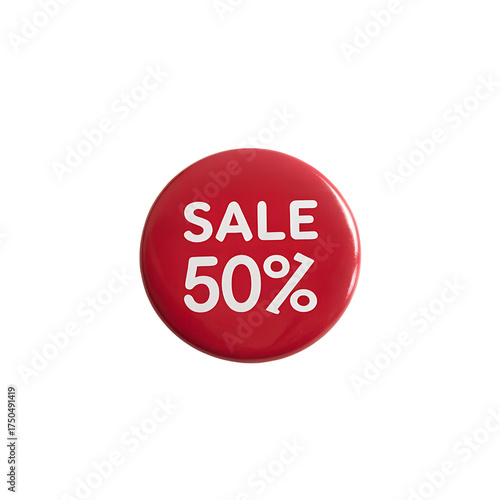 Red “SALE -50%” Badge Isolated on White Background – Discount Label, Promotion Tag, and Marketing Design Element for E-commerce and Advertising