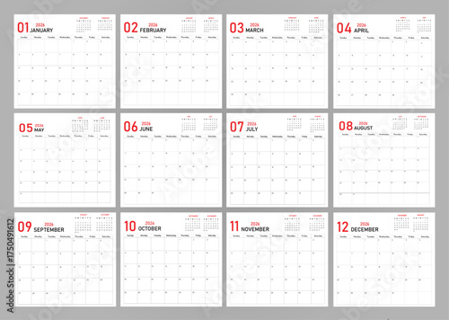 Daily planning calendar demo 2026 starting with Sunday | Modern red, black font planner diagram for daily activities