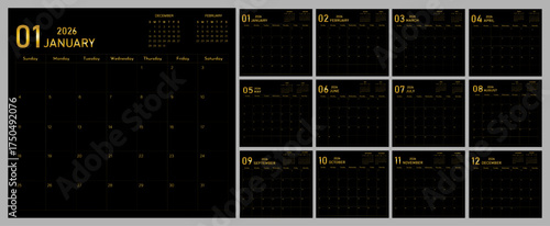 Daily planning calendar demo 2026 starting with Sunday | Modern planner diagram for daily activities with one month largely clear representation | Golden vector illustration