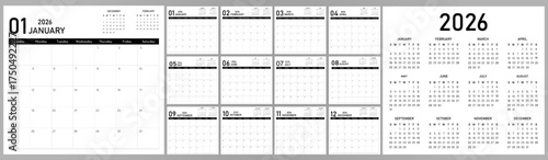 2026 Calendar Planner | Vector annual or monthly page layout for wall, desk calendar with week starts on Sunday | Daily routine note able calendar with black color
