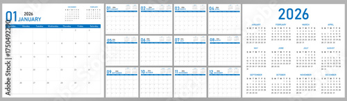 2026 Calendar Planner | Vector annual or monthly page layout for wall, desk calendar with week starts on Sunday | Daily routine note able calendar with blue color