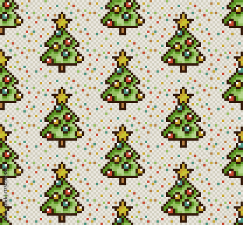 Seamless pixel background with new year tree.