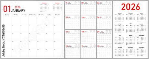2026 Calendar Planner | Vector annual or monthly page layout for wall, desk calendar with week starts on Sunday | Daily routine note able calendar with some red color title