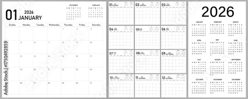2026 Calendar Planner | Vector annual or monthly page layout for wall, desk calendar with week starts on Sunday | Daily routine note able calendar with some black color title
