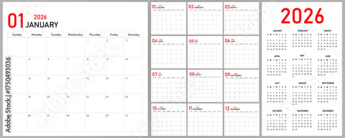 2026 Calendar Planner | Vector annual or monthly page layout for wall, desk calendar starts on Sunday | Modern calendar with red color numbering | Calendar demo for education and official word
