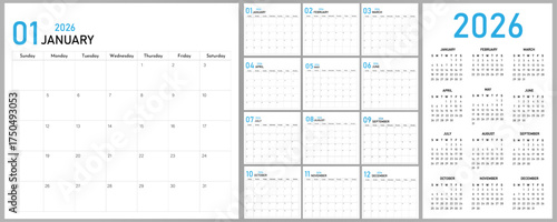 2026 Calendar Planner | Vector annual or monthly page layout for wall, desk calendar starts on Sunday | Modern calendar with blue color numbering  | Calendar demo for education and official word

