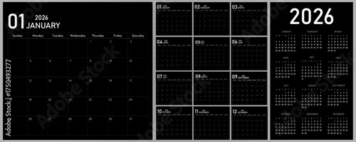 2026 Calendar Planner | Vector annual or monthly page layout for wall, desk calendar starts on Sunday | Modern calendar with white, black font color	| Calendar demo for education and official word
