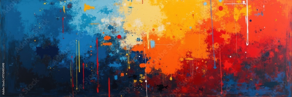 Fototapeta premium Abstract artwork showcasing a vibrant and dynamic interplay of colors, blending blues, yellows, oranges, and reds with a textured, paint-like aesthetic to create a visually engaging and expressive...