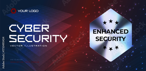 Cyber security background with glowing hexagon badge, stars and red-blue tech grid. For SOC report, IT compliance, website headers, event banners. Cybersecurity solutions and security. Vector layout