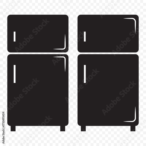 Refrigerator silhouettes set, kitchen appliance icons, black and white fridge designs, household cooling storage, modern and retro refrigerator illustration symbols
