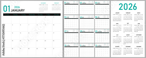 2026 Calendar Planner | Vector annual or monthly page layout for wall, desk calendar with week starts on Sunday | Daily routine note able calendar with teal color font and black shape