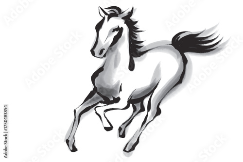 筆で描いた走る馬の墨絵白黒イラスト