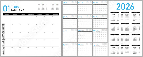 2026 Calendar Planner | Vector annual or monthly page layout for wall, desk calendar with week starts on Sunday | Daily routine note able calendar with black shape and blue font color
