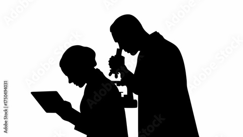 Scientists collaborating with microscope and tablet, professional research environment, modern science, medical breakthrough, healthcare