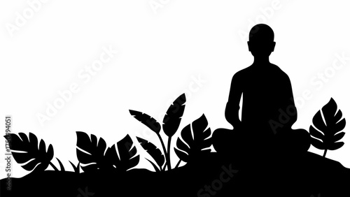 Meditative silhouette amidst lush tropical foliage, perfect for wellness retreats and spiritual guidance designs
