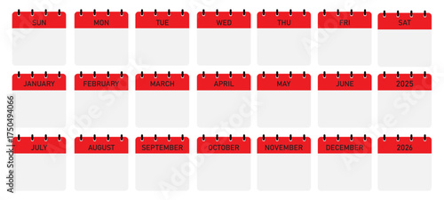 Twelve month calendar demo with red header and moth name | Modern calendar icons with binding