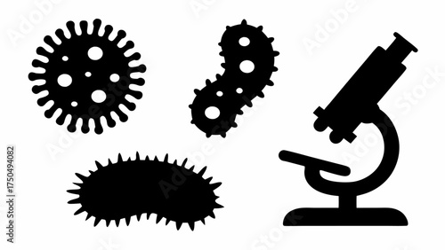 Microscope with bacteria shapes symbolizes science, research, laboratory, and disease prevention concepts