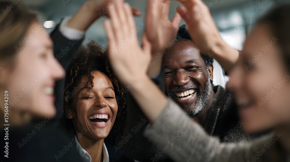 Obraz premium Diverse colleagues celebrate a successful moment with enthusiastic high fives in a business meeting