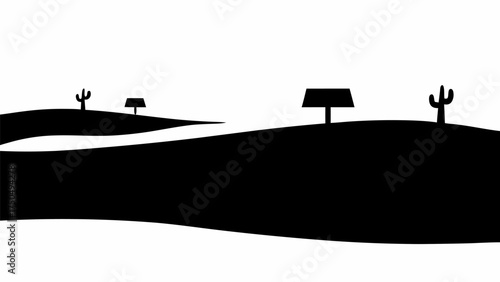 Stylized desert landscape with cacti and unique structures conveying minimalist design and arid serenity