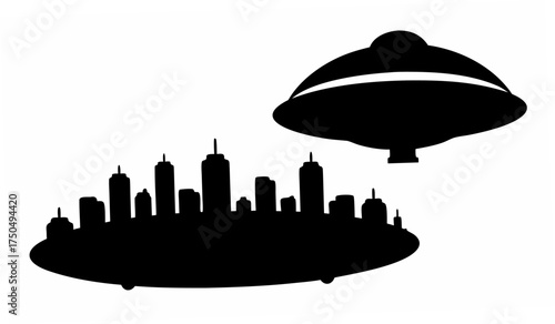 Bold silhouette city with UFO hovering above, creating dramatic futuristic skyline art design element for projects