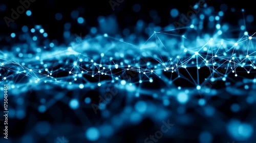 Abstract Blue Network Connections Glowing Particles Background.