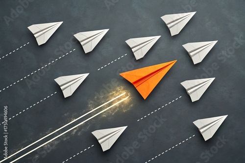 A vibrant orange paper airplane leading a group of white ones, symbolizing innovation and leadership