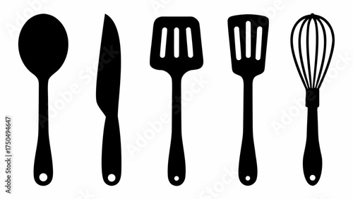 Essential kitchen tools icons for cooking and baking with spoon, knife, spatulas and whisk elements