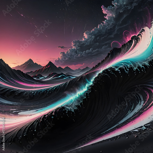 Celestial Ocean: An artistic, abstract depiction of an ocean at dusk, where waves intertwine with the stars above. The image is a burst of fantasy.