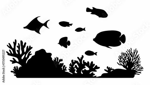 Dive into vibrant coral reef waters with tropical fish silhouettes, a captivating underwater adventure scene